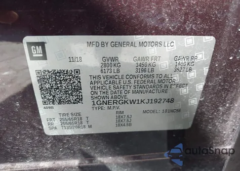 2019 Chevrolet Traverse 1Lt из США, поврежденный, VIN 1GNERGKW1KJ192748